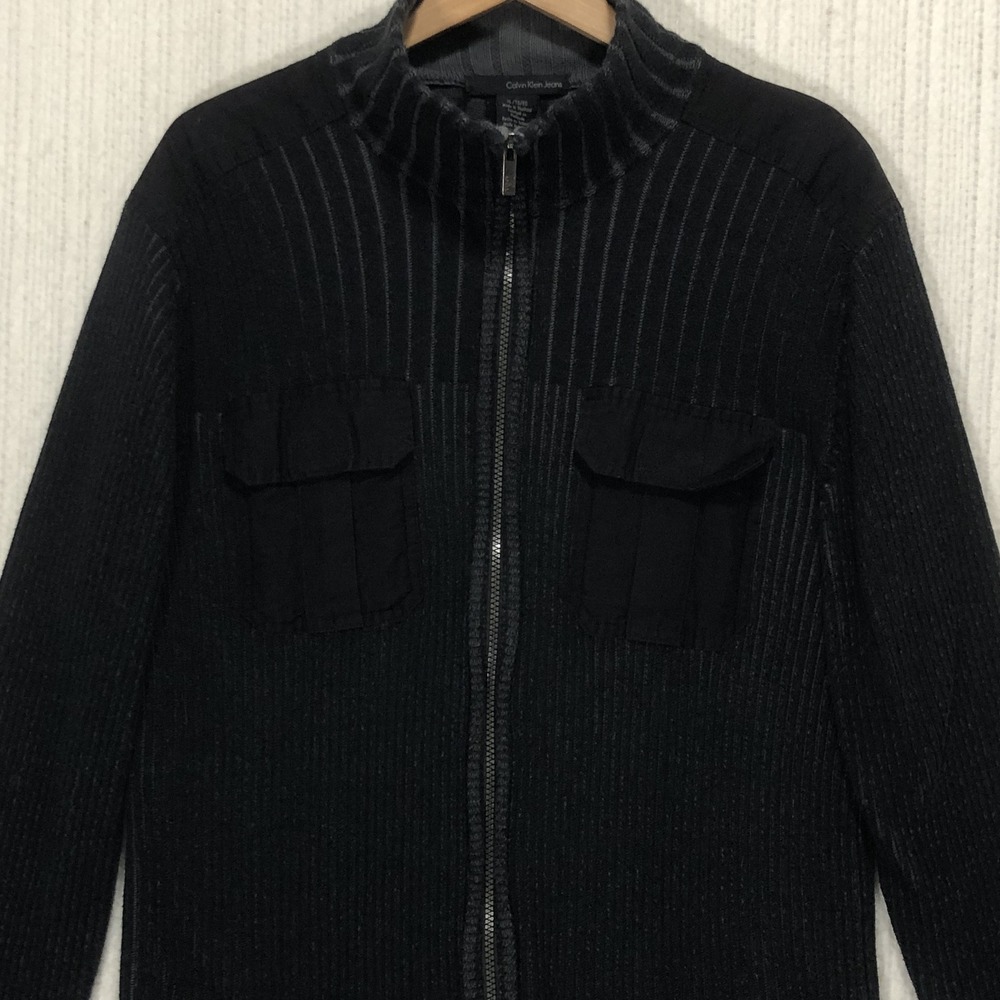 Calvin Klein Jeans Mens XL Black Full Zip Ribbed Cotton Sweater Utility Pockets
